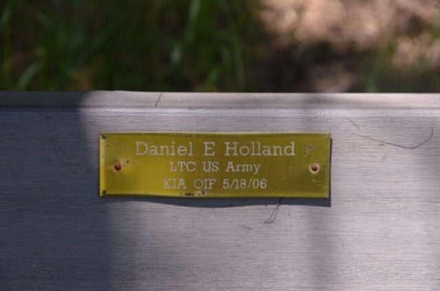 Memorial bench plaque for Daniel Holland at Trinity Forest, Dallas, Texas